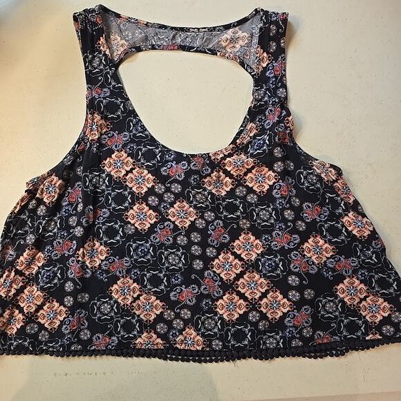 Mudd Tops - Vintage‎ Y2K Mudd Open Back Crop Top pom pom Hem Navy Boho Festival 90s Size XL